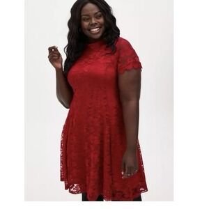 Torrid Red Stretch Lace‎ High Neck Flare Skater Dress Size 2X